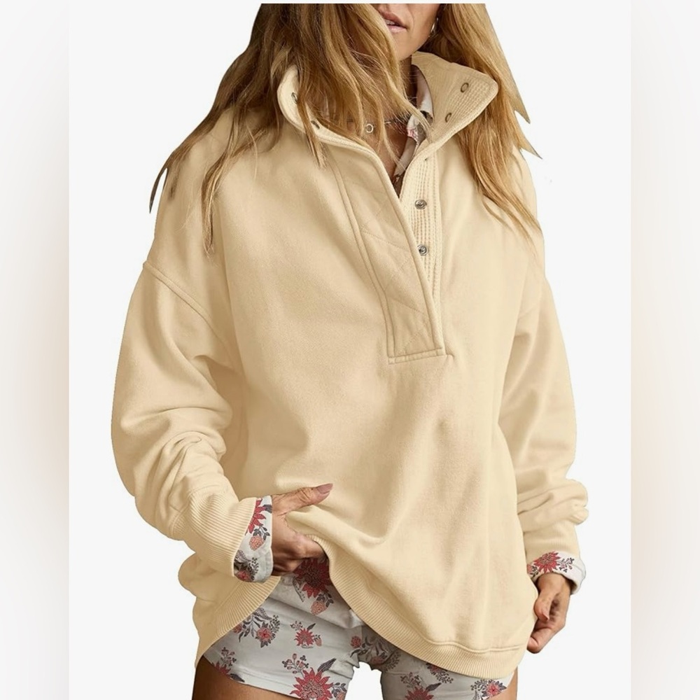 NWT Gacaky Sweatshirt Oversized Henley Apricot Clr Button Henley Neck Pullover